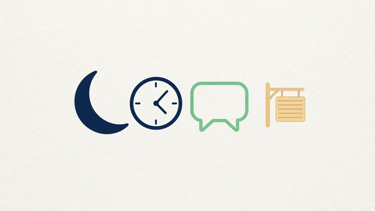 Illustration of a moon, a clock, and an open chat bubble