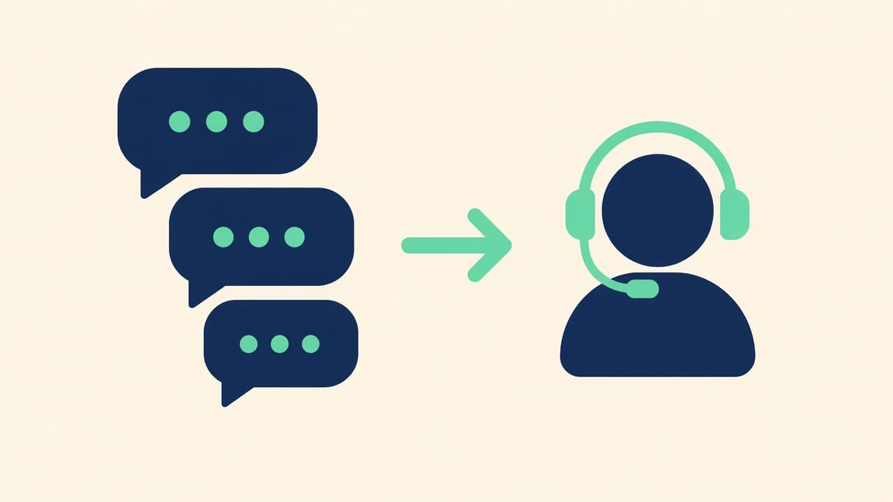 Illustration of a chat thread passing to a simple user icon with a headset