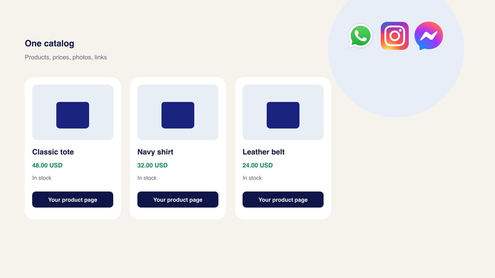 Three product cards in a catalog, with WhatsApp, Instagram, and Messenger logos