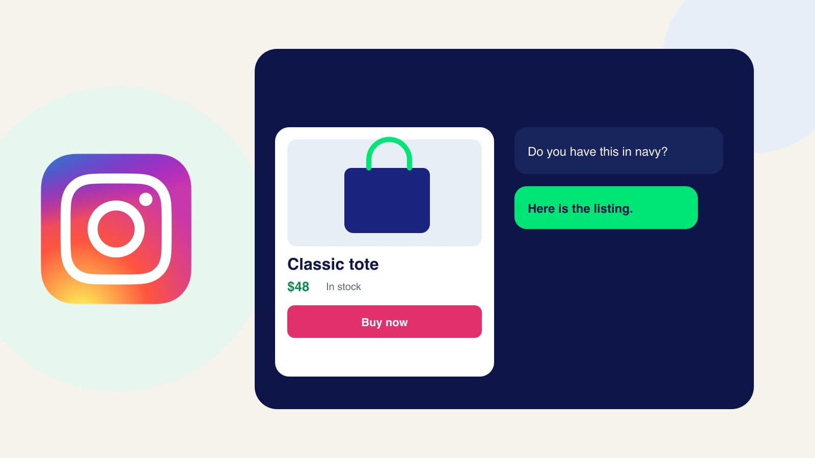 Instagram logo beside a product card with a Buy now button in a direct message