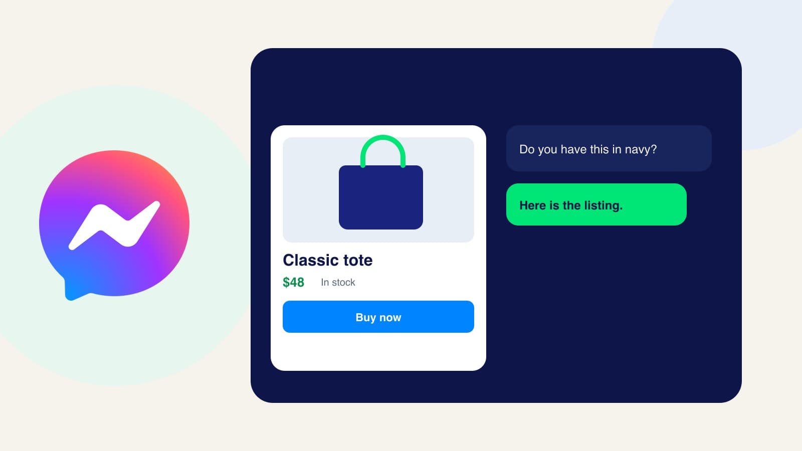 Messenger logo beside a product card with a Buy now button in a chat