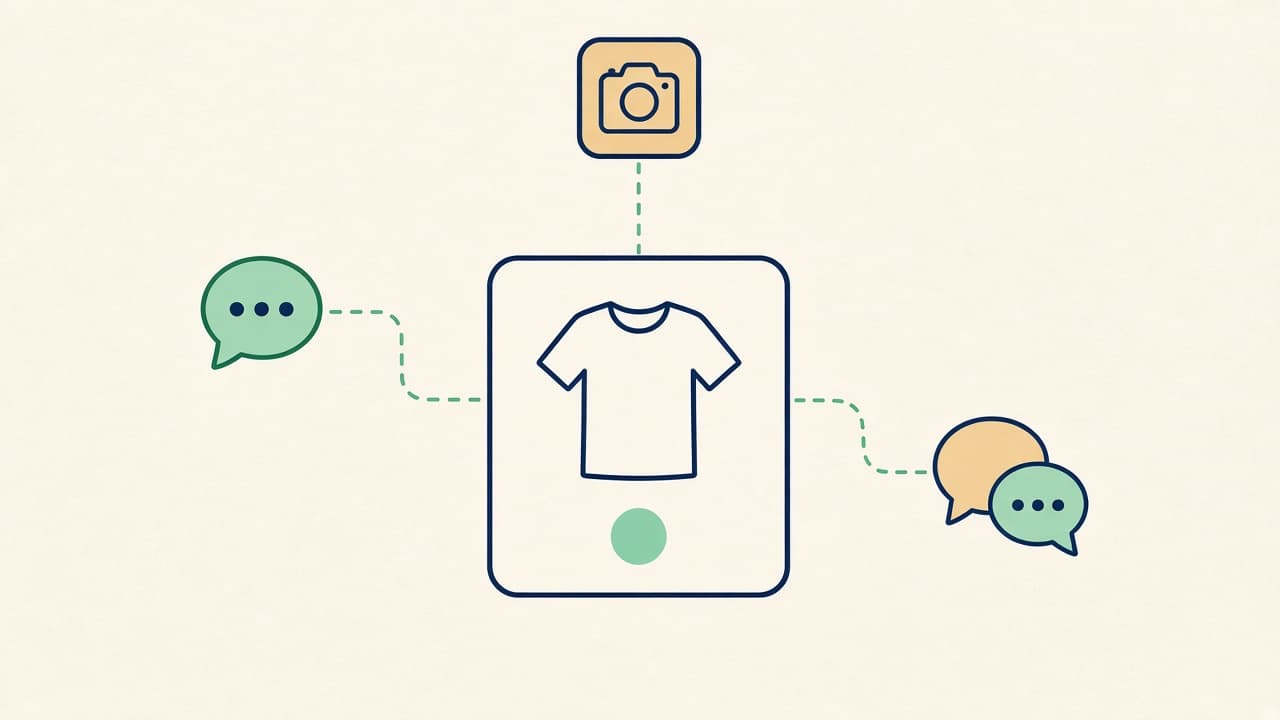 Illustration of one product card linked to chat, camera, and messenger icons