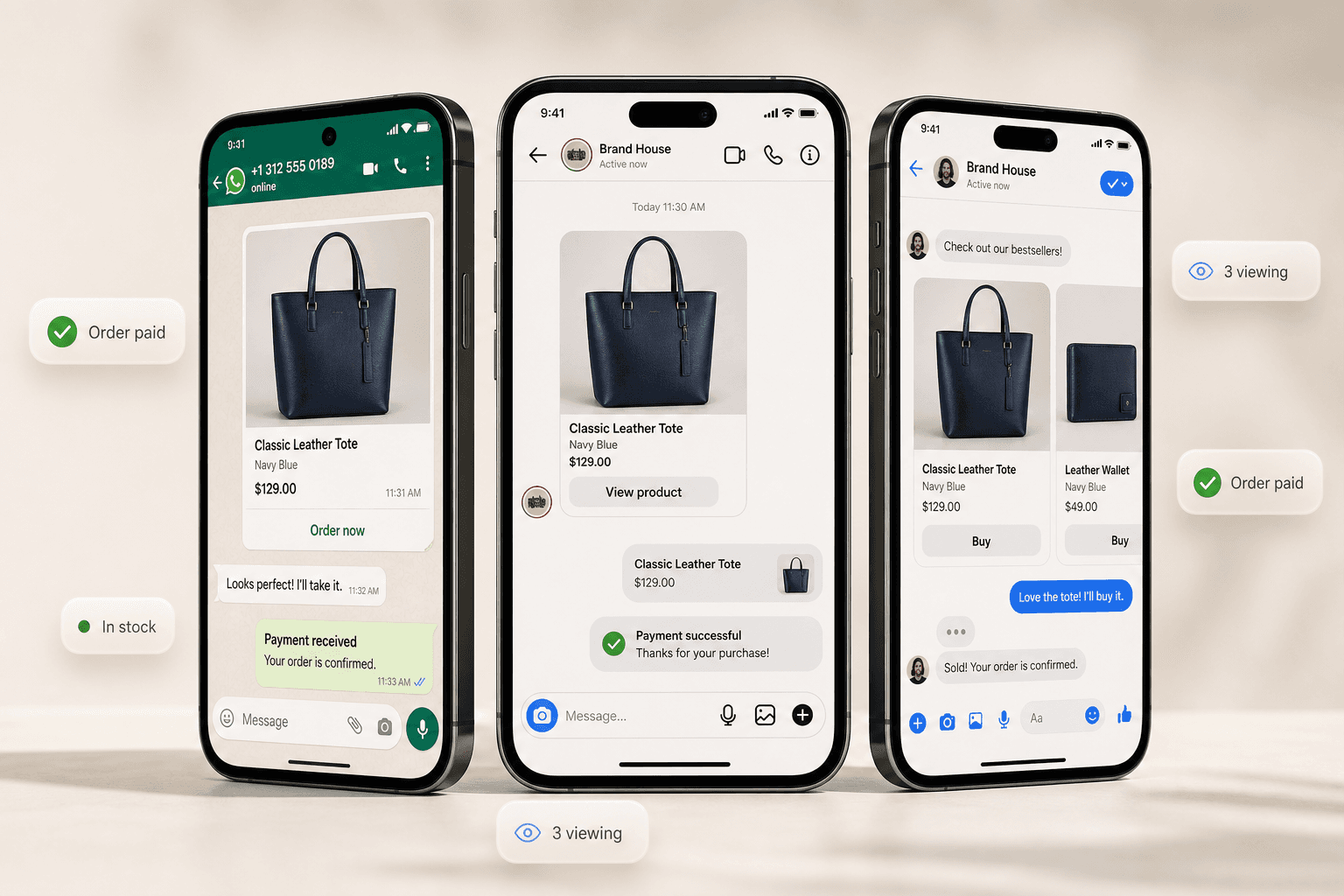 The same product selling across WhatsApp, Instagram, and Facebook