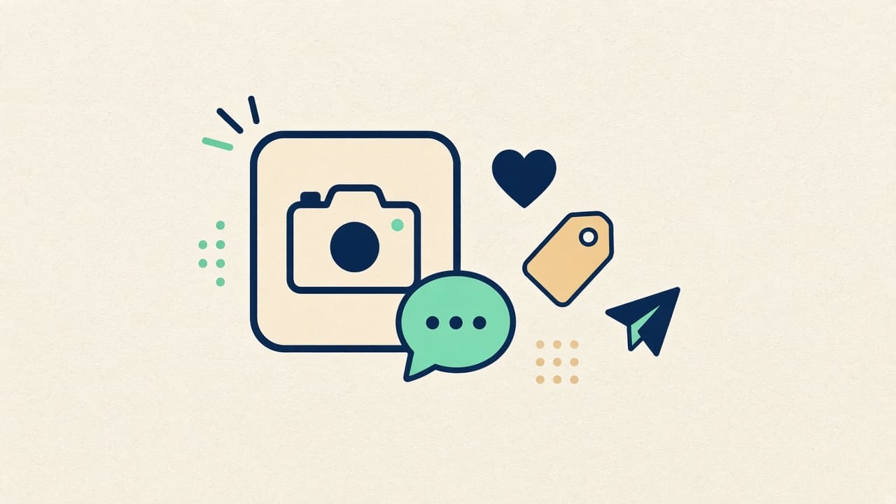 Illustration of a camera frame with a chat bubble and small action icons