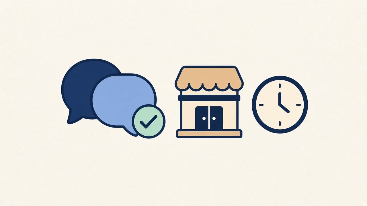 Illustration of messenger bubbles with store and hours icons
