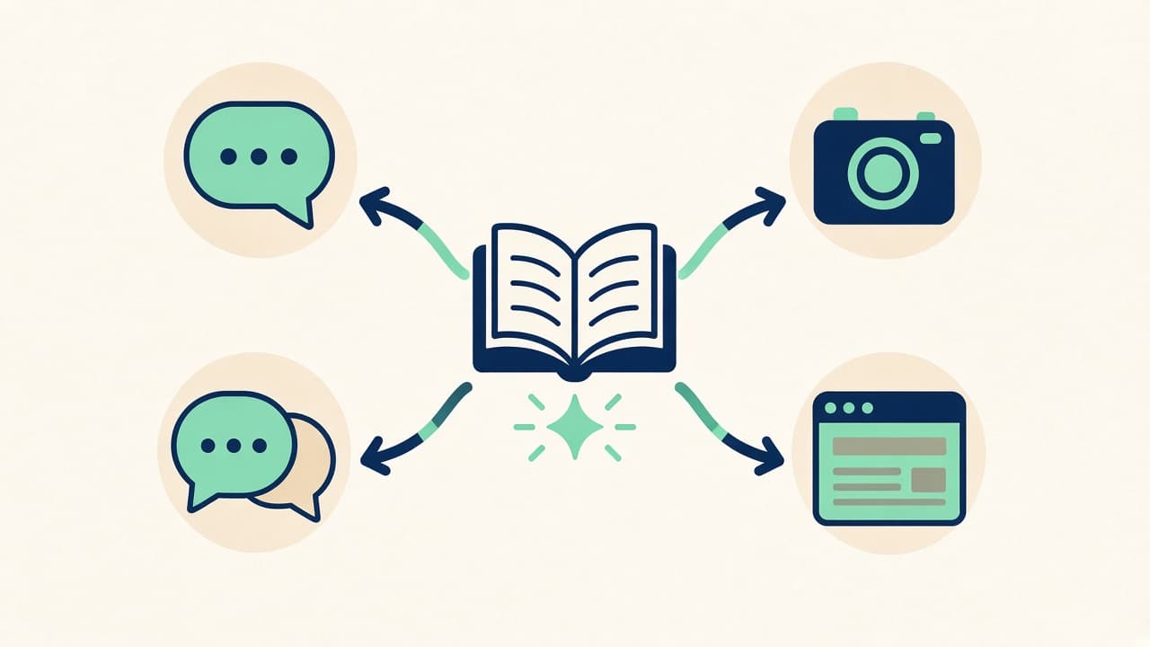 Illustration of one book connected to website, chat, camera, and messenger icons