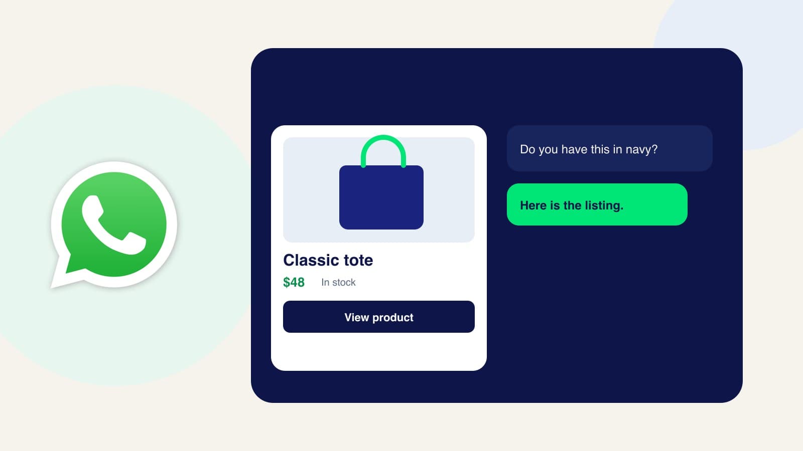 WhatsApp logo beside a product card for a classic tote in a chat