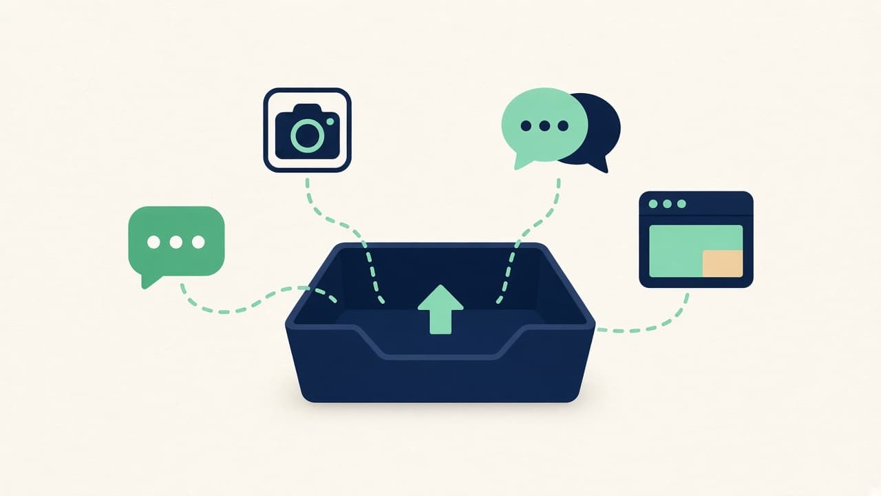 Illustration of an inbox collecting chat, camera, messenger, and website icons
