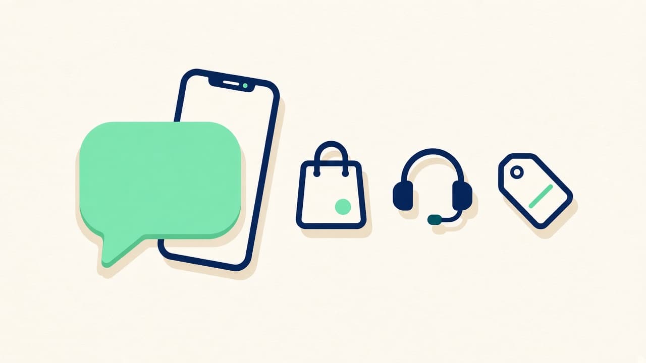 Illustration of a green chat bubble with shop, support, and price icons