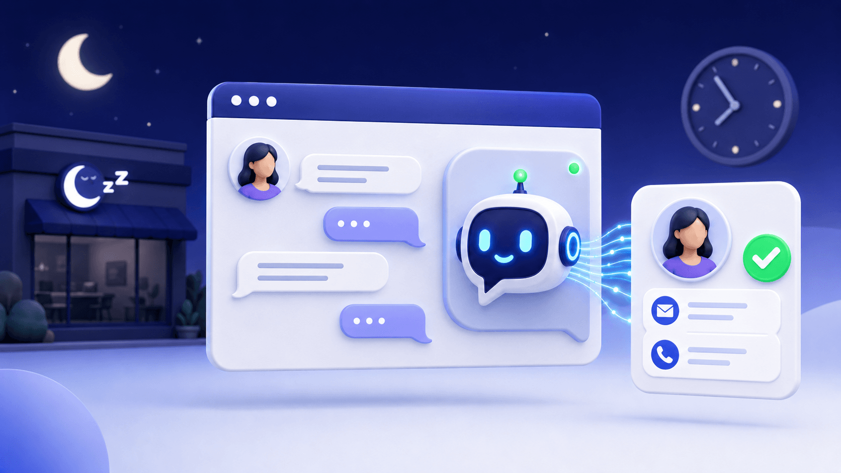 An AI website assistant capturing a visitor's question and contact details outside business hours