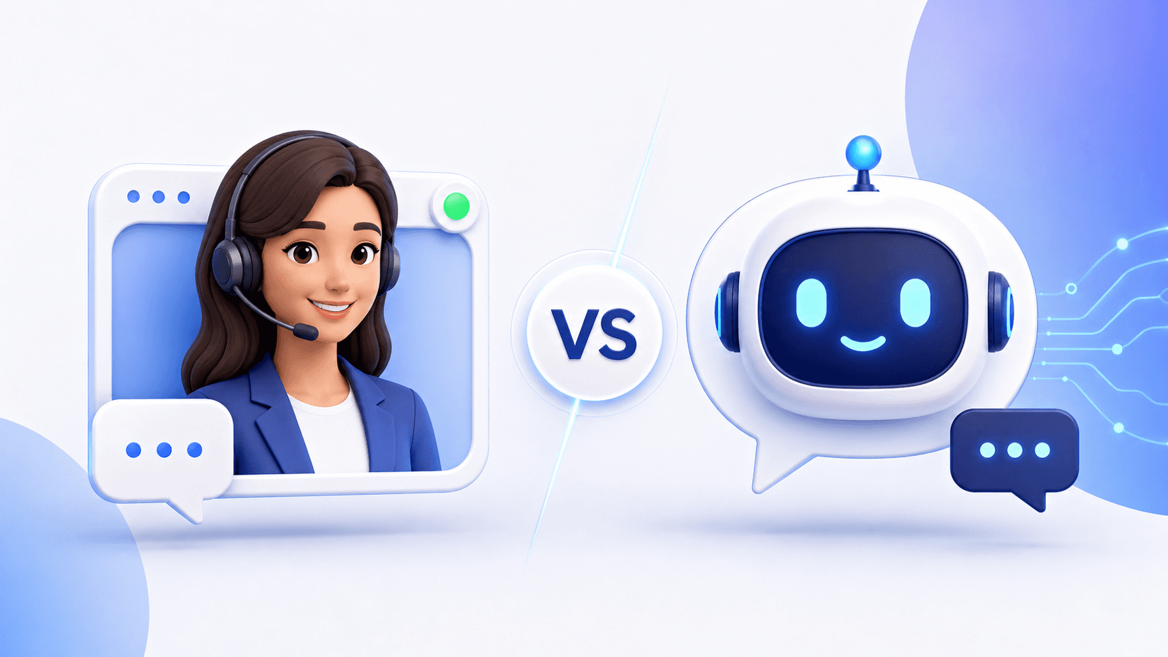 Human live chat and an AI chatbot compared side by side in a website support experience