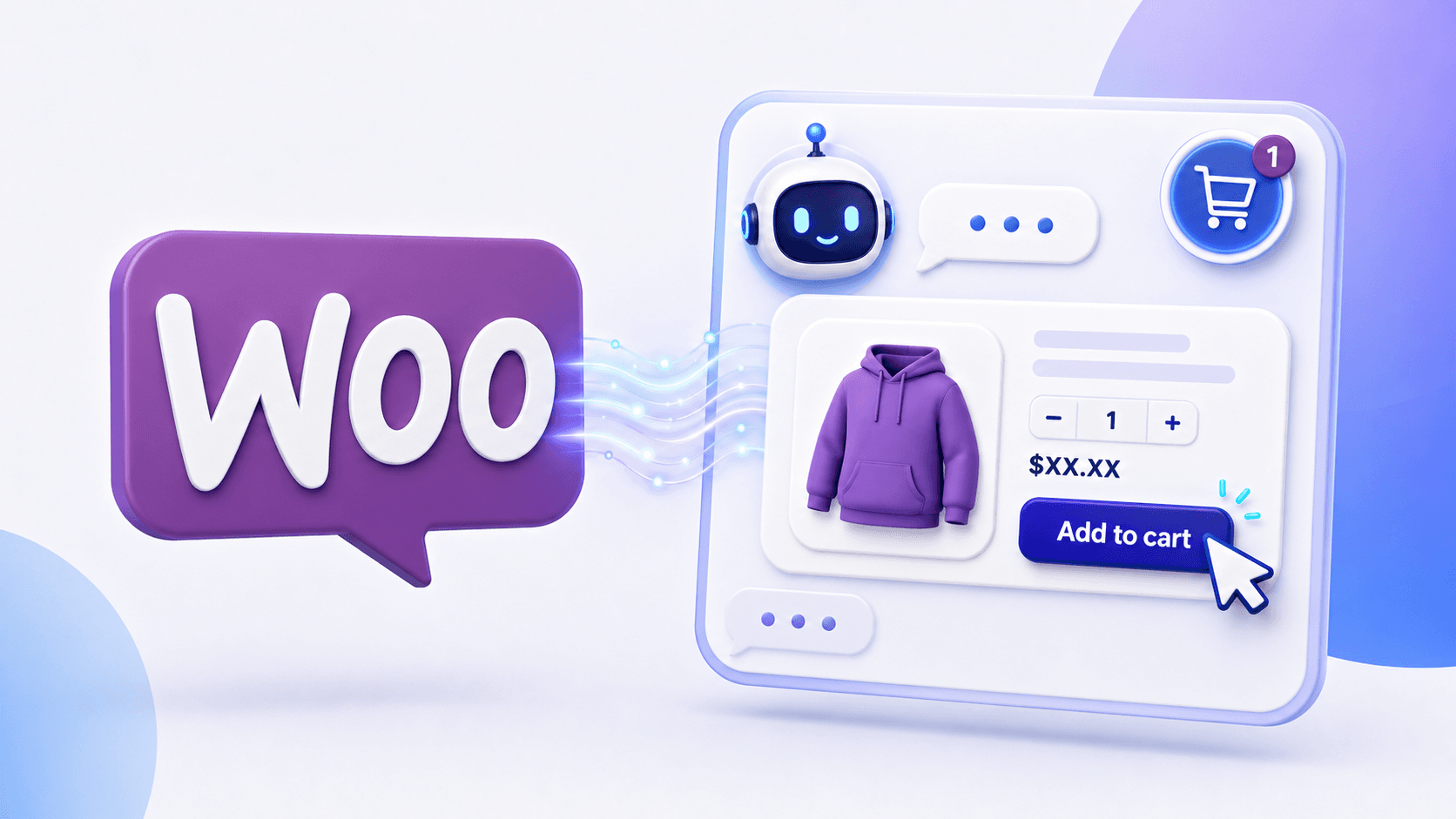 An AI assistant helping a WooCommerce shopper with products, policies, and human support