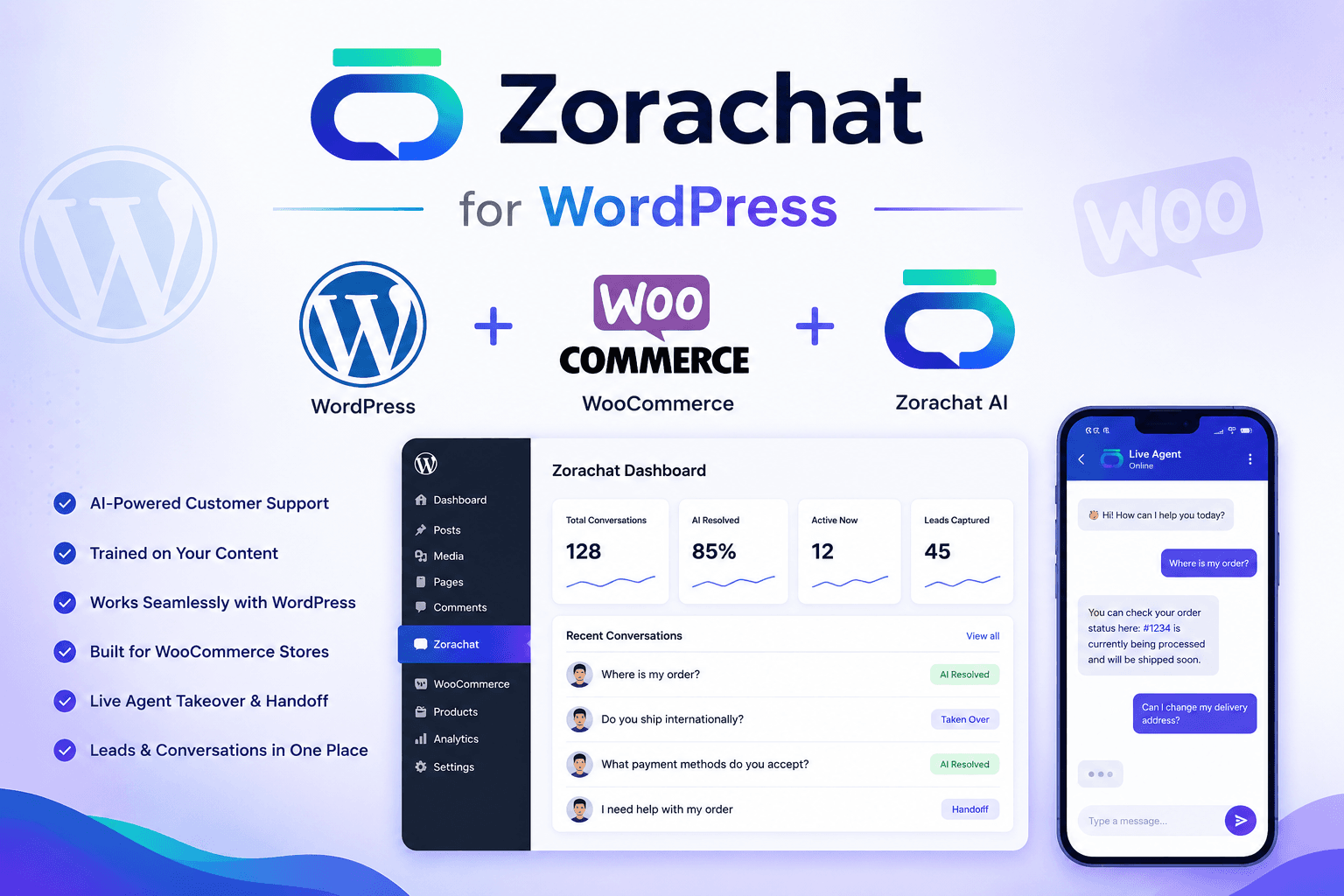 Zorachat AI customer support plugin running inside a WordPress site