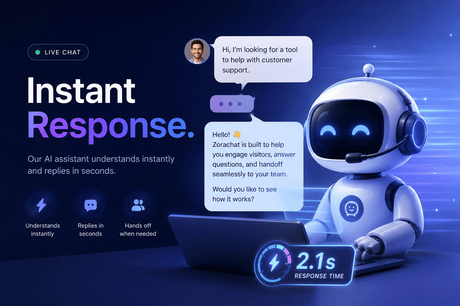 Zorachat AI live chat widget answering a website visitor instantly