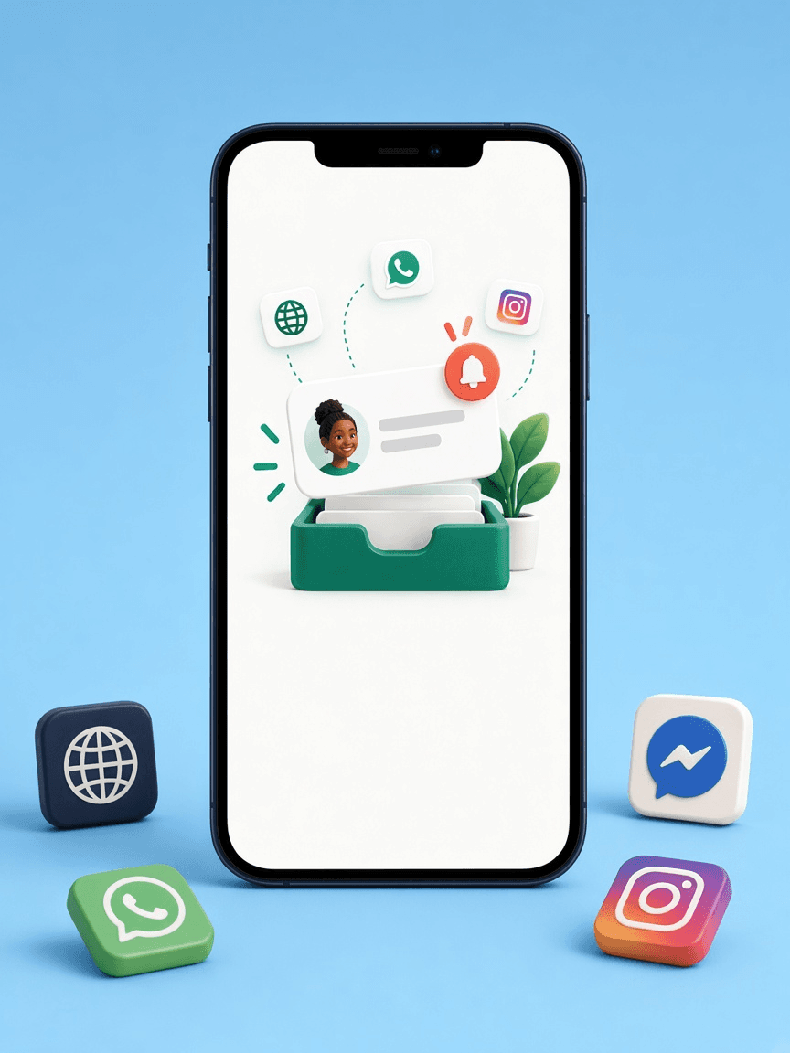 Illustration of a phone receiving a customer alert from website, WhatsApp, Facebook, and Instagram