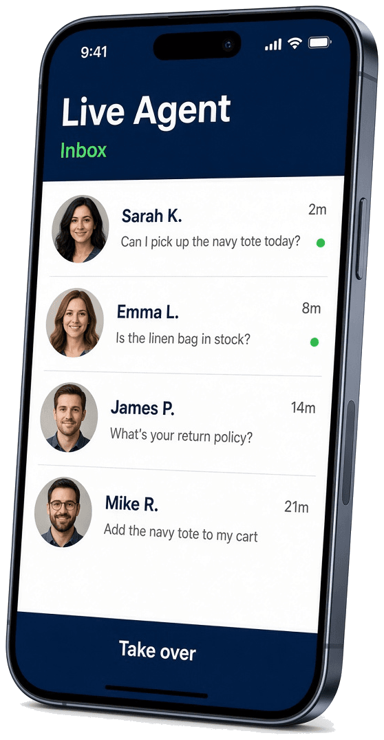 iPhone showing the Zorachat Live Agent inbox with customer conversations and a Take over button