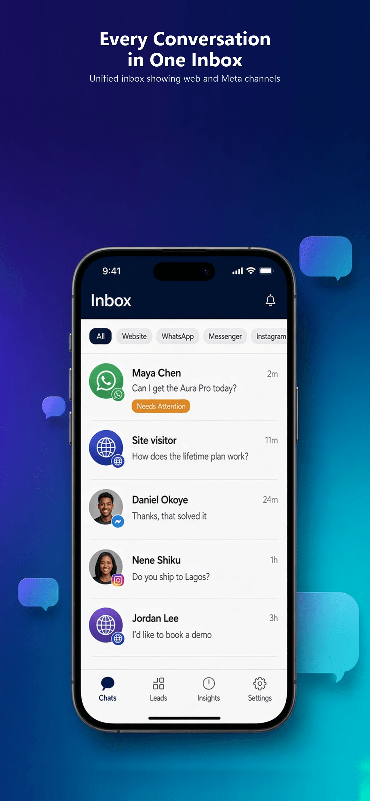 Live Agent inbox showing WhatsApp, website, Facebook, and Instagram conversations with a Needs Attention badge