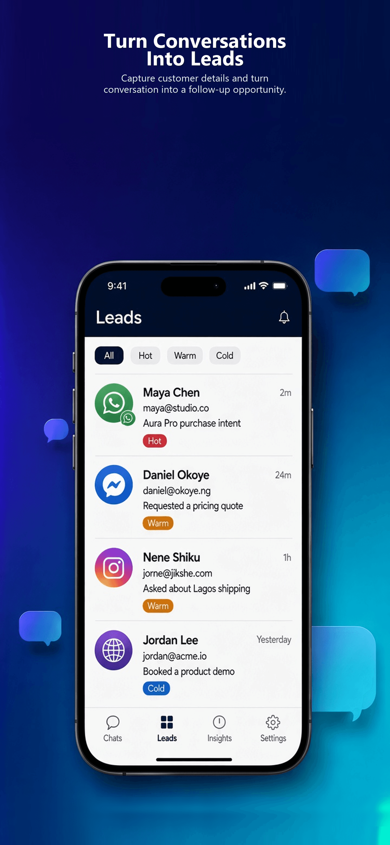Live Agent leads list with Hot, Warm, and Cold filters across WhatsApp, Facebook, Instagram, and website