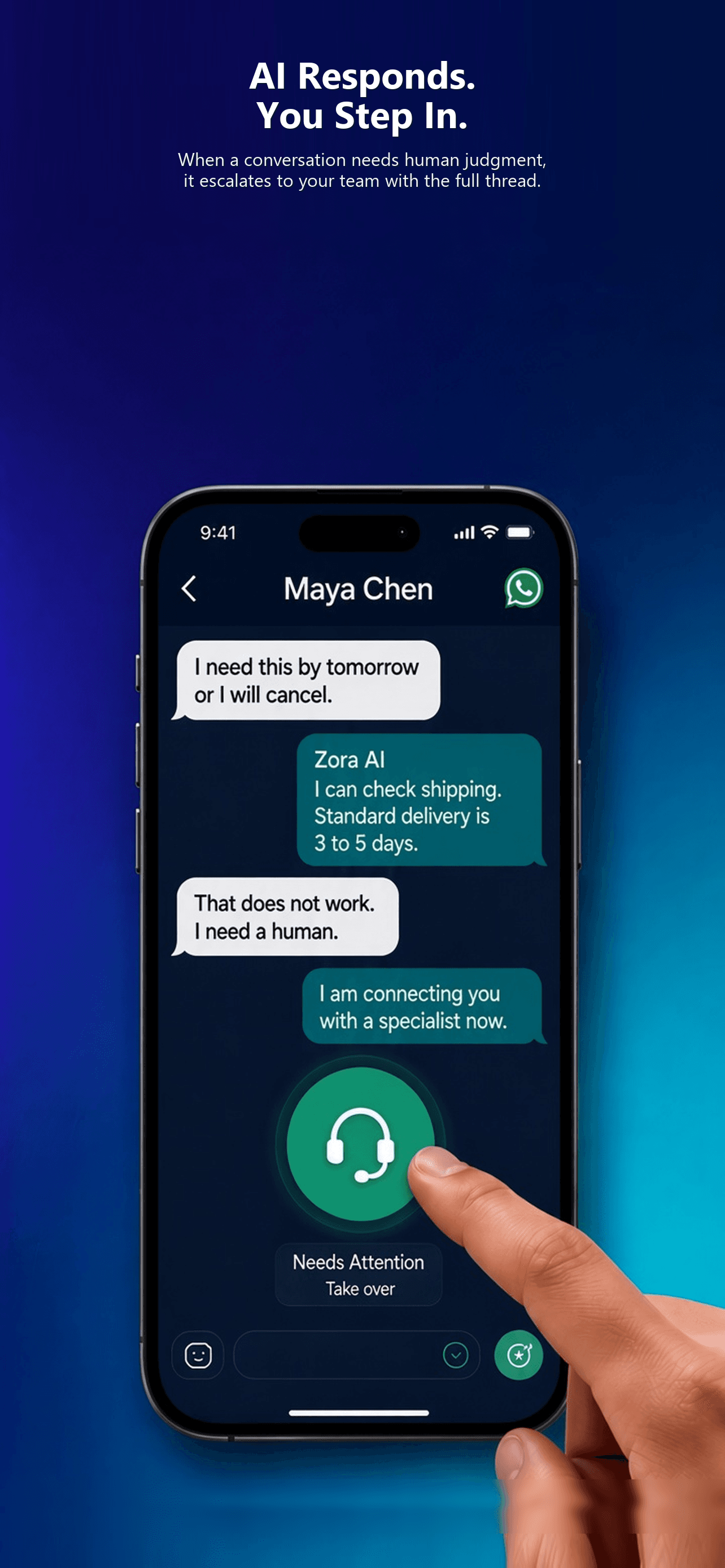 Live Agent chat thread on WhatsApp with a Needs Attention take over button